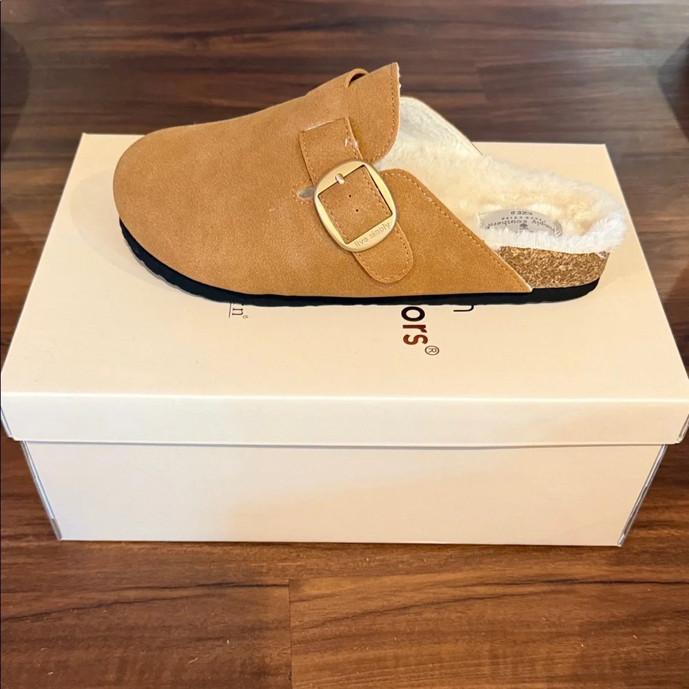 Simply Southern Tan Suede Slip-On Clogs with Gold Buckle - Picture 1 of 1